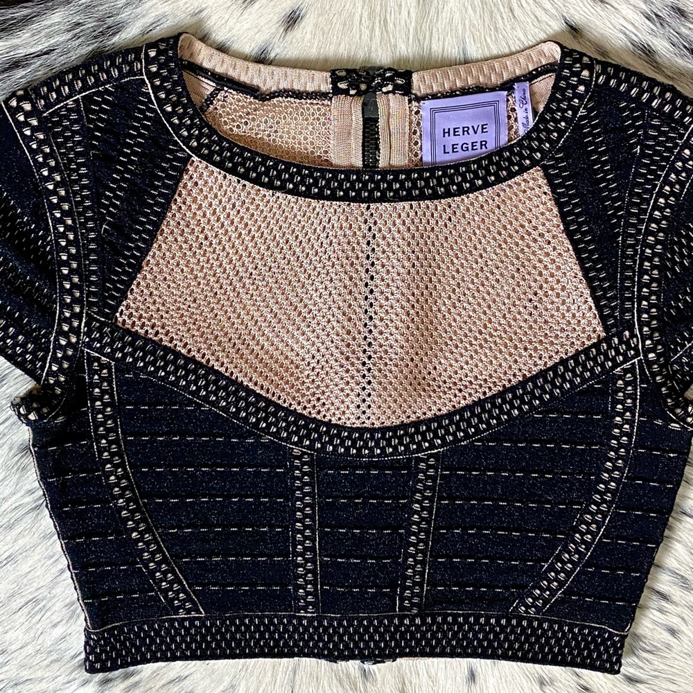 HERVE LEGER MESH PANELED BANDAGE CROP TOP, SZ S